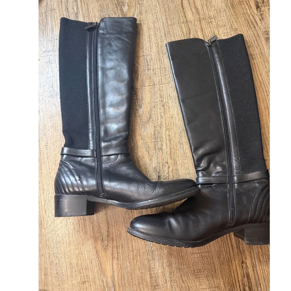 Aquatalia Black Leather Tall Weather Resistant Riding Boots Buckle Detail